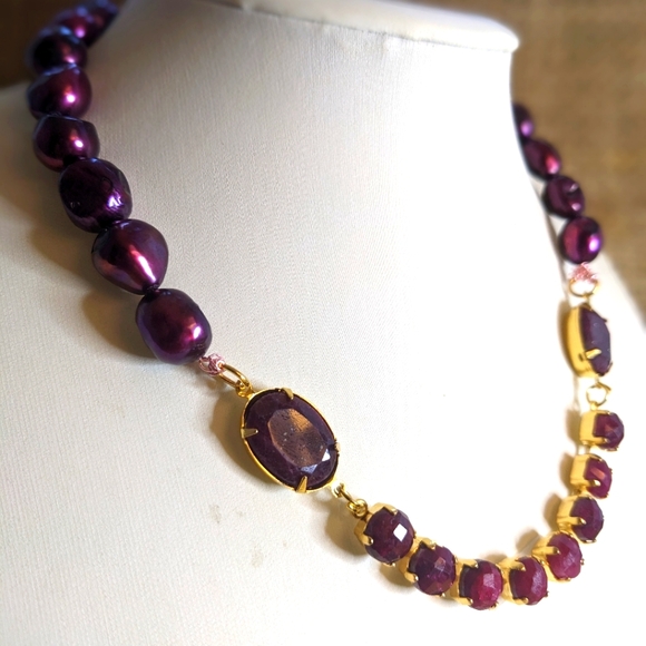 Natural Faceted Rough Ruby Approx 24 TCW. & Wine Cultured Baroque Pearl Necklace - Picture 5 of 12